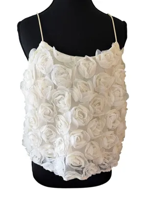 Ivory Cream 3D Rose Floral Cami Tank Top Cropped Spaghetti Strap Romantic Y2K thumbnail 1