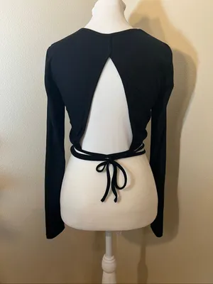 Princess Polly Black Ribbed Knit Long Sleeve Cropped Open Back Tie Waist Top US2 thumbnail 4