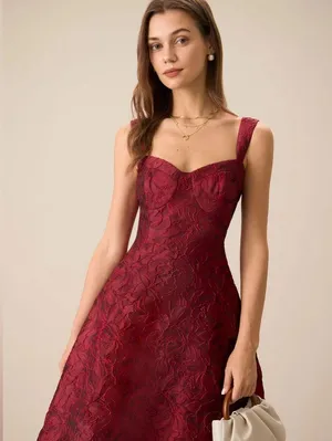 Rihoas Red Sweetheart Neck Jacquard Midi Dress thumbnail 3