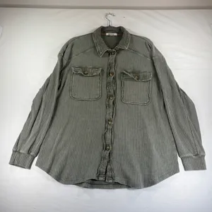 Briggs Womens XL Sage Green Waffle Knit Shacket Mixed Media Button Down Shirt thumbnail 2