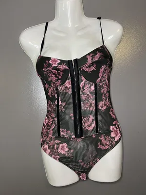 Free People Bodysuit Womens Small Black Combo Floral Mesh Front Hook Corset thumbnail 2
