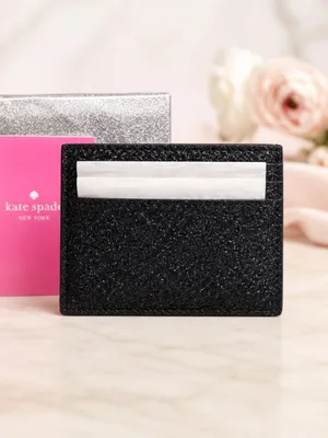 Kate Spade Black Glitter Card Holder Wallet 6 Slots 4.3” NWT thumbnail 3