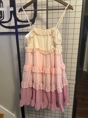 Womens Ruffled Tiered Spaghetti-Strap Dress in Pink and Cream thumbnail 2