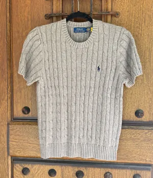 Polo by Ralph Lauren Light Gray Cable Knit Short-Sleeve Sweater Size M thumbnail 1