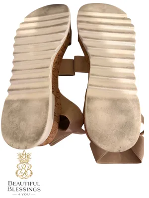 Steve Madden platform Sandals Women 8.5 Beige Elastic Strap Cork Wedge Comfort thumbnail 8
