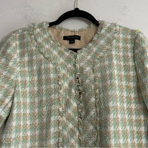 Green Pastel Tweed Fringe Blazer Size 8 Office Work Career thumbnail 3
