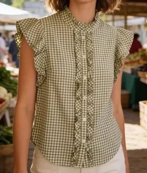 Veronica Beard Jeans Olive Gingham Ruffle‎ Flutter Sleeve Button Top Large thumbnail 1