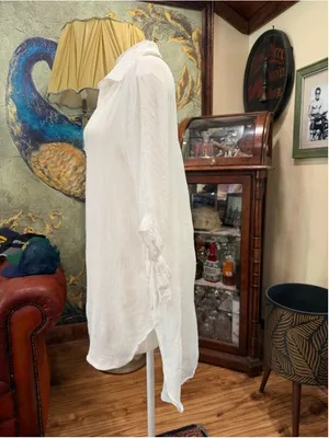 Womens White Gauze Linen Blend Tunic Dress Shirt V-Neck Tie Sleeve Beach Coverup thumbnail 4
