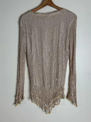 R & M Richards Y2K Beige Crochet Knit Fairycore Long Sleeve Top with Sequins Size L Festival thumbnail 10
