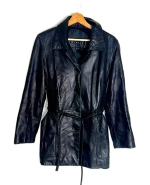 Vtg winlit ladies Y2K black leather jacket cinch waist size small retro‎ thumbnail 1
