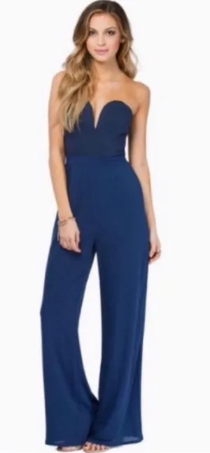 Tobi Navy Strapless Deep V Flowy Jumpsuit - size M thumbnail 1