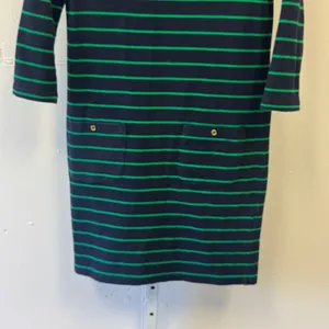 Adrienne Vittadini Navy Green Striped Shift Dress 3/4 Sleeve Pockets XS Casual thumbnail 4