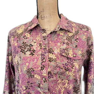 Woolrich Womens Snap Button Popover‎ Tunic Top Brown Purple Floral Cotton Medium thumbnail 2