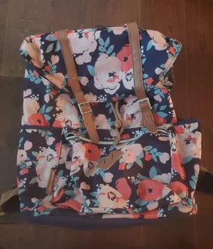 Navy Floral Backpack with Tan Straps Blue thumbnail 1