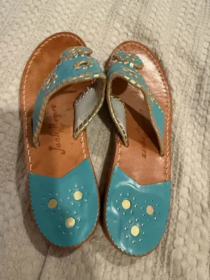 Jack Rogers Turquoise and Gold Leather Palm Beach Flat Sandals Size 6M thumbnail 3