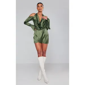 New PRETTYLITTLETHING Khaki Satin Cowl Cold Shoulder Bodycon MiniDress‎ Green 4 thumbnail 4