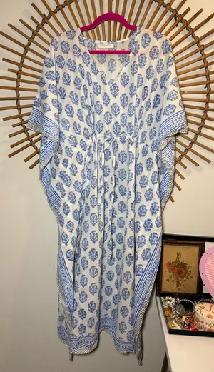 Summerhouse Womens White and Blue Block Print Caftan Cover Up Swim Vacation OS thumbnail 1