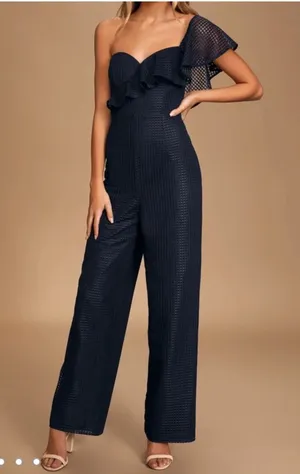 Lulu's Navy One-Shoulder Ruffle Wide-Leg Jumpsuit with Mesh Sleeve thumbnail 1