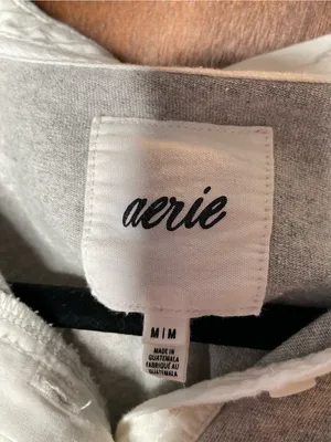Aerie Womens Oversized Rugby Polo Shirt Medium Gray White Preppy Coastal Lounge thumbnail 4
