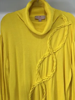 Laurie Felt Women’s L Yellow Braided Knit Sweater Turtleneck Balloon Sleeve thumbnail 3