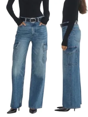 Denim Forum The Farrah Hi Rise Cargo Wide Leg Jeans in Blue‎ Size 27 thumbnail 2