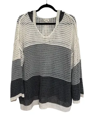 POL Neutral Colorblock Oversized Open Knit Beach Sweater Hoodie - Size M thumbnail 1