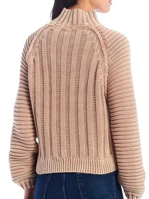 Free People - Sweetheart Mock Neck Chunky Cable Knit Sweater Sand Castle Sz M thumbnail 2