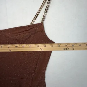 Cider Dress Women Small Brown Shimmer Ruched Chain Strap Asymmetrical Midi Glam thumbnail 3
