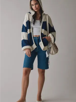 Urban Outfitters BDG Tyler Chunky Blue and Cream Striped Open-Front Sweater thumbnail 4