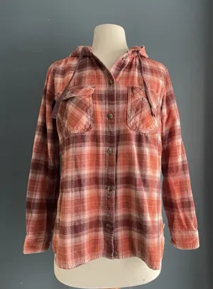 Carhartt Womens Plaid Hooded‎ Flannel Shirt Orange Burgundy Size M 8 10 thumbnail 1
