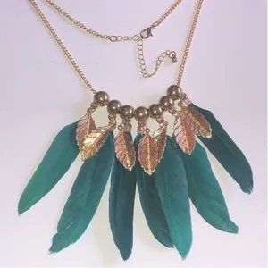 Gold Tone & Green Feather Beaded Boho Statement Necklace thumbnail 1