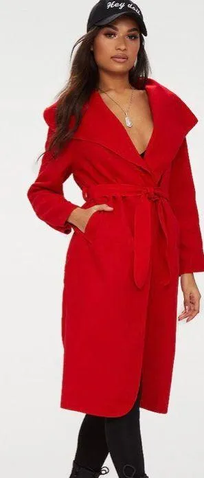 Moda OS Belted Shawl Collar Coat Red thumbnail 1