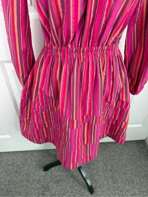 BURU Size S Pink Striped Cotton Long Sleeve Tiered Mini Dress thumbnail 4