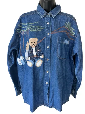 Vintage Embroidered Teddy Bear Chambray Denim Button Down Shirt Blue thumbnail 1