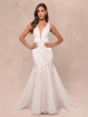 LULU’S Exceptional Vow White Tulle Lace Applique Mermaid Maxi Dress thumbnail 1