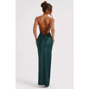 NWT Babyboo Misha Emerald Green Satin Strappy Back High Slit Maxi Dress Size S thumbnail 3