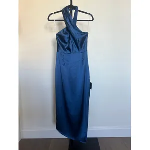 Lulus Blue Satin Halter Asymmetrical Midi Dress Size S thumbnail 2