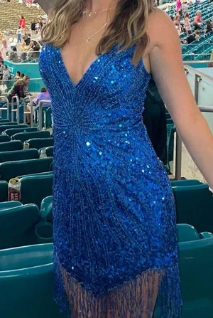 Sparkly Blue Beaded Mini Dress with Fringe thumbnail 5