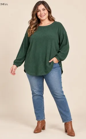 Hannah Closet Dark Green Waffle Knit Tunic Top Long Sleeve Balloon Cuff Large thumbnail 1