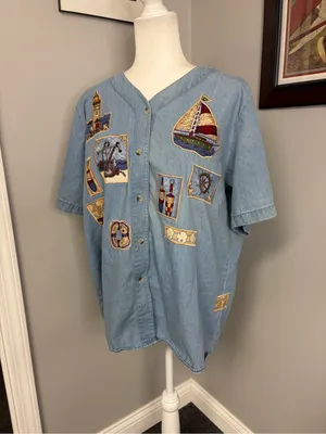 Vintage Quacker Factory womens nautical baseball button up shirt sailboats denim thumbnail 2