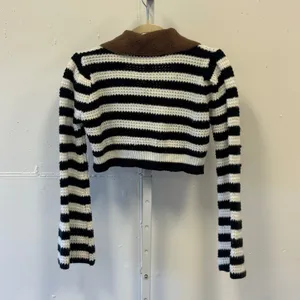 Storets Black White Striped Cropped Cardigan Brown Collar S/M Contemporary thumbnail 2