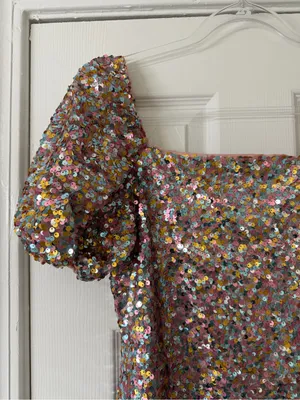 Lulus Crave it Like Candy Pink Multi Sequin Puff Sleeve Mini Dress‎ Concert thumbnail 2