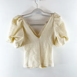 Free People Cupcake Ruched Textured Jersey Puff Sleeve V-Neck Blouse Ivory XS thumbnail 6