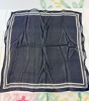 Liz‎ Claiborne vtg Navy Blue Polka Dot Square Scarf Sheer Striped Border 19x19 thumbnail 1