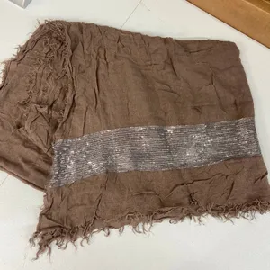 Vintage brown soft lightweight knit silver sequin‎ fringe scarf wrap casual thumbnail 1