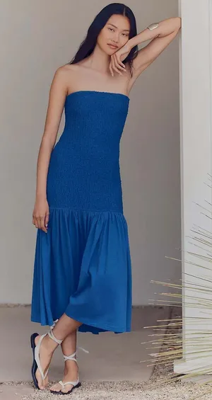 Anthropologie NWT Celadine Strapless‎ Popcorn Midi Dress Smocked Blue Size Small thumbnail 1