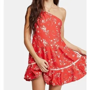 FREE PEOPLE All Mine Red Floral One Shoulder Ruffle Hem Mini Dress Size XS thumbnail 2