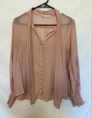 Zara Soft Blush Polka‎ Dot Tie Neck Blouse Size Medium thumbnail 1
