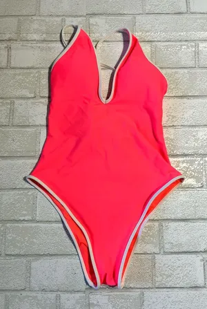 aerie Pink One-Piece Swimsuit with White Trim thumbnail 1