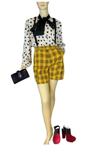 Hot Topic Yellow & Black Plaid Pleated Front Cargo Suspender Shorts (S) thumbnail 1